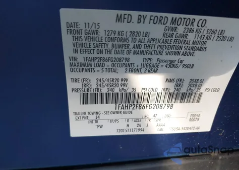 2015 Ford Taurus Limited from USA, damaged, VIN 1FAHP2F86FG208798